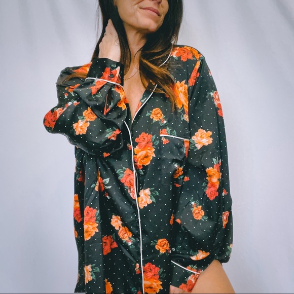 torrid Other - Torrid Black White Polka Dot Orange Floral Button Down Satin Sleep Shirt Size 4X